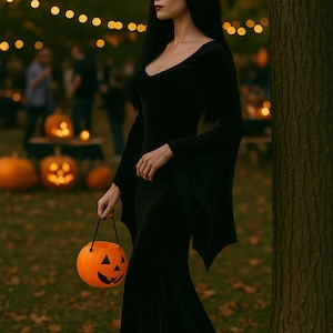 May include: A woman in a long black velvet dress with flared sleeves holds an orange jack-o'-lantern bucket. The background features carved pumpkins and string lights, creating a Halloween atmosphere.