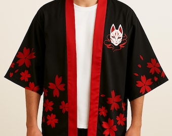 Kitsune Kimono - Japanese Style Fox Art Haori with Red Sakura - Elegant Robe for Women and Men