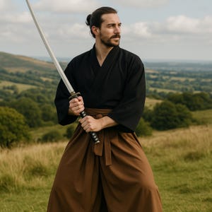May include: A person wearing a black kimono and brown hakama holds a katana sword. The traditional Japanese attire is set against a backdrop of rolling green hills and a cloudy sky. The katana has a silver blade and a black handle.