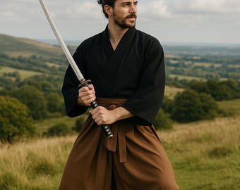 May include: A person in a black kimono and brown hakama holds a katana sword. The traditional Japanese attire is set against a backdrop of rolling green hills and a cloudy sky. The katana has a silver blade and a black handle.