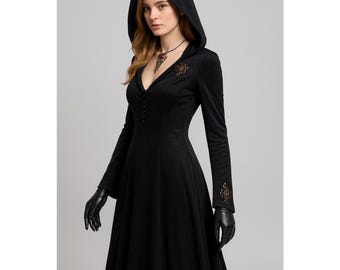Gothic Black Dress with hood – Classic Dark Academia Cosplay Outfit for Girls