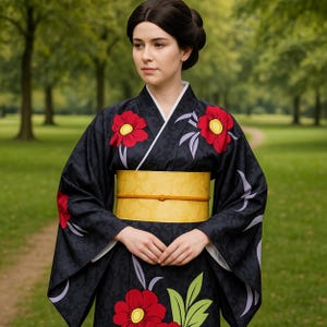 Puede incluir: Una mujer vistiendo un kimono negro con patrones florales rojos y blancos. El kimono tiene un obi amarillo atado alrededor de la cintura.