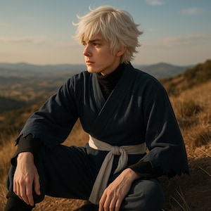 May include: A person wearing a dark blue kimono-style outfit with a white belt, black turtleneck, and black sleeves. The person has short, light-coloured hair and is sitting outdoors on a hillside with a blurred background of mountains and sky.