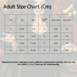May include: An adult size chart in centimeters, with measurements for bust, waist, shoulder width, sleeve length, and dress length. Sizes range from S to XL. The chart includes the text "Adult Size Chart (Cm)".