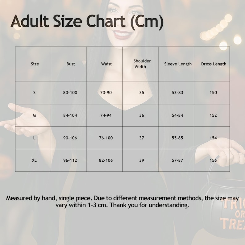 May include: An adult size chart in centimeters, with measurements for bust, waist, shoulder width, sleeve length, and dress length. Sizes range from S to XL. The chart includes the text "Adult Size Chart (Cm)".