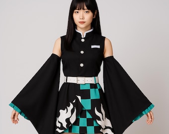 May include: A black and green dress with a white belt and a checkered pattern. The dress has long sleeves with a cut-out shoulder design. The dress has a high collar and a white button-up front.