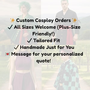 May include: Image advertising custom cosplay orders. Text includes "All Sizes Welcome (Plus-Size Friendly!)", "Tailored Fit", and "Handmade Just for You". It encourages messages for a personalized quote.