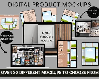 Op de afbeelding: Een afbeelding met digitale productmockups op verschillende apparaten, waaronder laptops, tablets en telefoons. De afbeelding toont de tekst "DIGITAL PRODUCT MOCKUPS" en "OVER 80 DIFFERENT MOCKUPS TO CHOOSE FROM". Mockups omvatten sjablonen en ideeën.