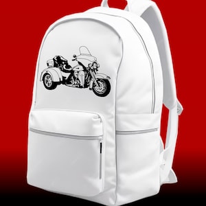 May include: White canvas backpack with a black silhouette of a three-wheeled motorcycle on the front.