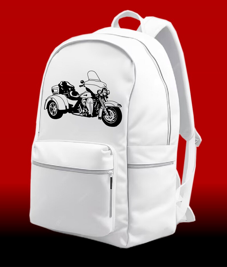 May include: White canvas backpack with a black silhouette of a three-wheeled motorcycle on the front.
