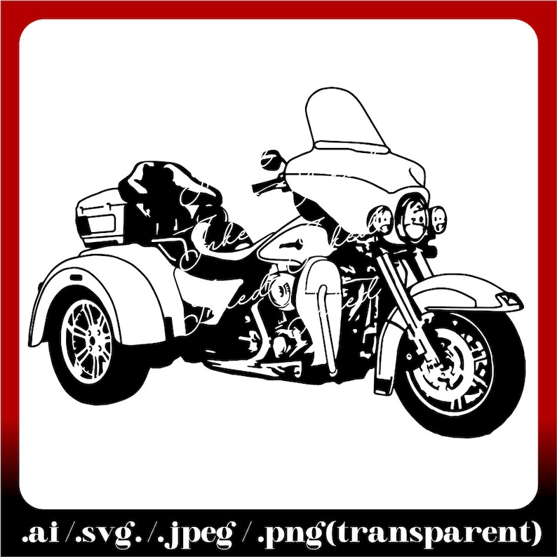 May include: Black and white silhouette of a three-wheeled motorcycle with a sidecar. The motorcycle has a large windscreen and a luggage rack.