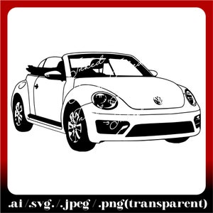 May include: Black and white line art illustration of a convertible Volkswagen Beetle. The car has a rounded shape with a distinctive front grille and headlights.