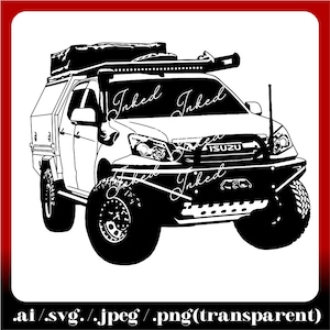 May include: A black and white line drawing of a pickup truck with a roof top tent, a light bar, and a bull bar. The truck has the word "ISUZU" on the front grill.