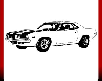 May include: Black and white line art illustration of a classic muscle car. The car has a black stripe across the hood and a black interior.