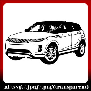 May include: Black and white silhouette of a Range Rover Evoque SUV. The car is facing forward with the front grille and headlights visible.