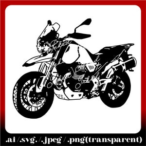 Puede incluir: Silueta en blanco y negro de una motocicleta con un parabrisas grande y un asiento único. La motocicleta tiene una rueda delantera grande y una rueda trasera más pequeña.