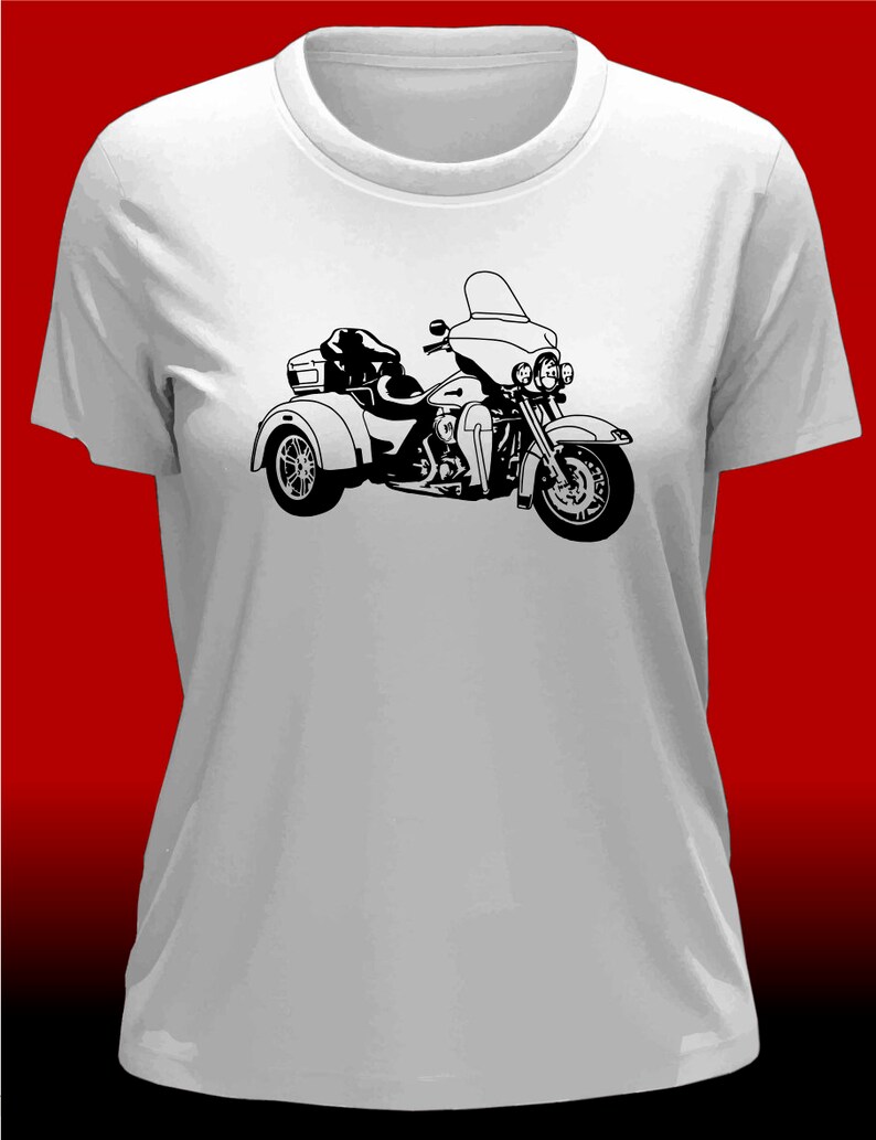 May include: A white t-shirt featuring a black silhouette of a three-wheeled motorcycle.