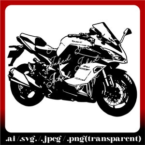 Puede incluir: Silueta en blanco y negro de una motocicleta con un diseño elegante y moderno. La motocicleta tiene un parabrisas grande, un asiento individual y un sistema de escape de alto rendimiento.