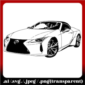 Puede incluir: Ilustración en blanco y negro de línea de arte de un coche deportivo convertible. El coche tiene un diseño elegante con un capó largo y un perfil bajo. El coche está de frente al espectador y las ruedas son visibles.