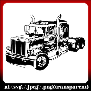 May include: Black and white silhouette of a semi-truck with a large cab and a long trailer. The truck has a large grill and headlights, and the trailer has a large rectangular shape.