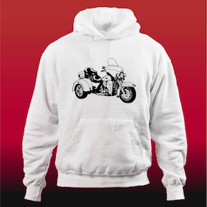 May include: White hooded sweatshirt featuring a black and white illustration of a three-wheeled motorcycle.