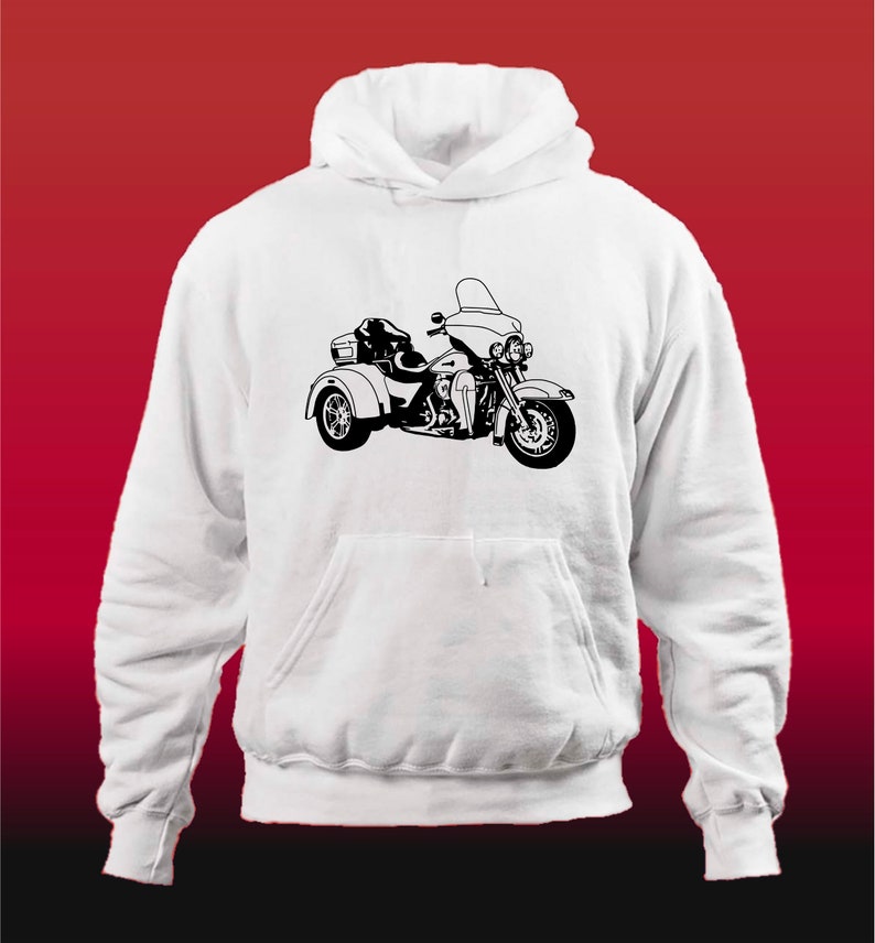 May include: White hooded sweatshirt featuring a black and white illustration of a three-wheeled motorcycle.