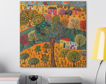 Madhubani Art Indian Ancient Houses & Trees Painting Canvas Gallery Wraps, Crafted Traditional Décor, Home Decor,Asain Indian Gifts For Her