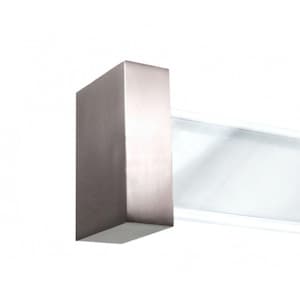 May include: A brushed metal, rectangular cabinet pull with a square profile. The pull is mounted on a clear glass panel, creating a modern, minimalist design. The hardware is a neutral silver color.