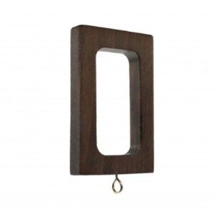 May include: A rectangular dark brown wooden curtain ring with a smooth finish and rounded inner corners. A small, silver-toned metal eyelet is attached to the bottom center of the wooden frame, providing a secure point for hanging drapery hardware.