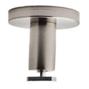 May include: A brushed nickel cabinet knob featuring a flat, circular top surface connected to a cylindrical base, which terminates in a small, square-shaped mounting plate at the bottom. The hardware has a smooth, metallic finish throughout.