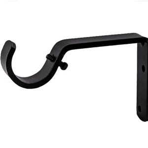May include: Black metal curtain rod bracket with a curved arm and a square mounting plate. The bracket is designed to hold a curtain rod.