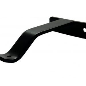 May include: A black metal bracket featuring a flat rectangular mounting plate with a circular hole on one side and an angled arm extending outward, ending in a curved support section with a single circular hole for attachment purposes.