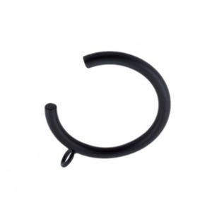 May include: A black metal curtain ring with a small loop for attaching a curtain. The ring is a simple, circular design with a matte finish. The ring is designed to slide along a curtain rod.