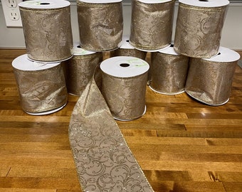 Lot of 10 Rolls of Decorative 4” Wide x 10yd Gold Metallic Scroll Poly Designer Ribbon