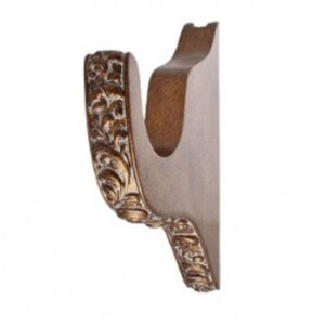 May include: A decorative, wall-mounted curtain rod bracket. The bracket is a light beige color with gold-colored ornate scrollwork. The bracket is made of a sturdy material and is designed to hold a curtain rod.