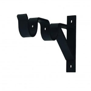 May include: A black, double curtain rod bracket. The bracket has a decorative, wavy design for the rod supports and a rectangular mounting plate with pre-drilled holes for easy installation. The bracket is made of metal.