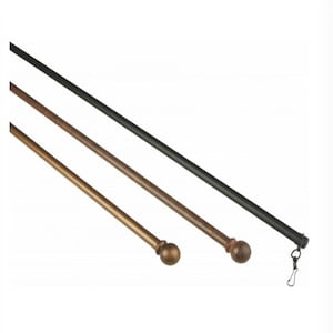 May include: Three curtain rods arranged diagonally. Two rods feature spherical finials in metallic bronze and copper finishes, while the third rod is matte black and includes a small metal clip attached to the end for hanging drapery panels.
