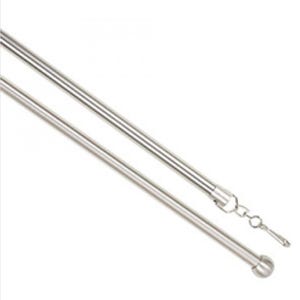 May include: Two silver telescoping flagpoles with a chain and a swivel clip. The flagpole has a ball finial on one end and a hook on the other end.