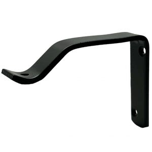 May include: Black metal curtain rod bracket with a curved arm and a square base. The bracket is designed to be mounted to a wall or ceiling.