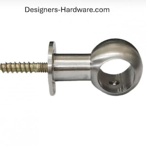 May include: A silver-toned metal curtain rod bracket featuring a spherical end with a circular opening and a threaded screw stem extending from a flat circular base. The text Designers-Hardware.com is printed above the hardware component.