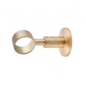 May include: A gold-colored curtain rod bracket. The bracket has a circular mounting plate, a cylindrical arm, and a circular ring to hold the curtain rod. The metal has a matte finish.