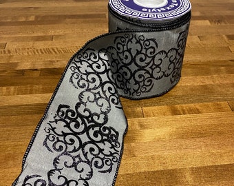 Decorative Gray and Black Scroll Pattern WIre Ribbon 4” Wide x 10yards 618-307