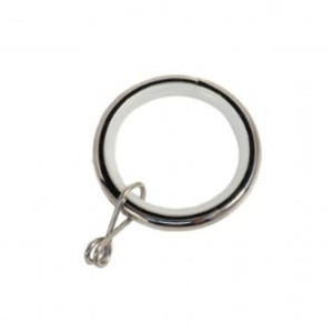 May include: A circular curtain ring with a polished metallic silver finish and a smooth white inner lining. A small, twisted wire hook is attached to the bottom of the ring, designed for securing fabric or drapery hardware in a functional manner.