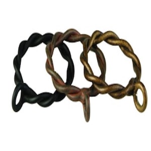 May include: Three decorative metal curtain rings in black, bronze, and gold. Each ring is made of twisted metal, creating a textured, rope-like appearance. The rings are designed to hang curtains.