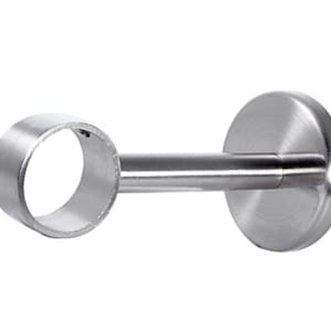 May include: A brushed silver metal curtain rod bracket featuring a circular wall mount plate, a horizontal cylindrical support arm, and a ring-shaped holder at the end designed to secure a curtain rod in place with a smooth metallic finish.
