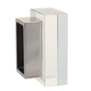 May include: A clear, rectangular cabinet pull with a polished, silver-toned metal handle. The handle is rectangular and has a hollowed-out center. The clear portion is a solid, rectangular block. Hardware for cabinets.