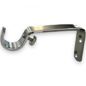 May include: A chrome-finished curtain rod bracket. The bracket has a curved hook shape on one end and a flat, rectangular mounting plate with two holes on the other. A screw is present for adjustment. The bracket is designed to hold a curtain rod.