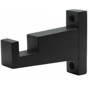 May include: A dark brown, L-shaped wall hook with a rectangular mounting plate featuring two circular screw holes. The hook has a flat, horizontal arm extending from the base, ending in a vertical tab to secure items in place.