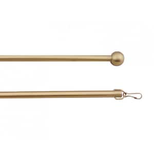 May include: Two horizontal metal curtain rods with a matte gold finish. The top rod features a spherical finial at the end, while the bottom rod includes a small metal hook attached to the tip for securing fabric or drapery hardware.