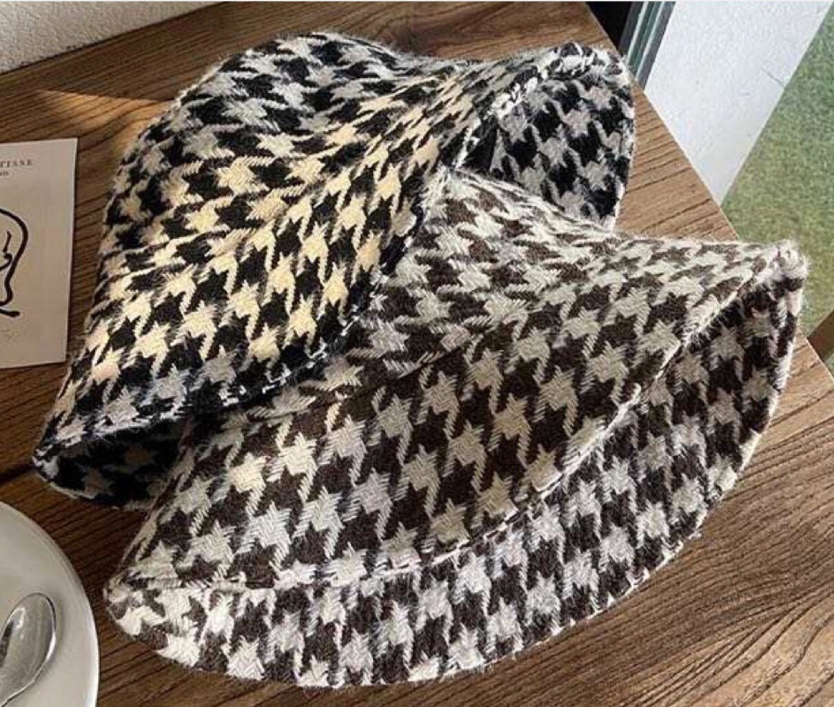 Vintage Bucket Hat Pink White Houndstooth Pattern TweedHoundstoothSuriAlpacaBuck  main image 3